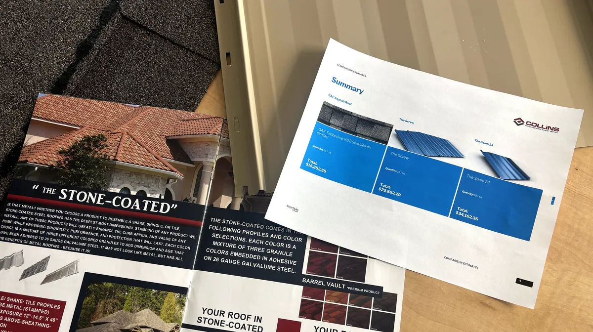 Collins comparison estimate showing transparent tier pricing for GAF asphalt, The Screw, and The Seam 24 with real product samples